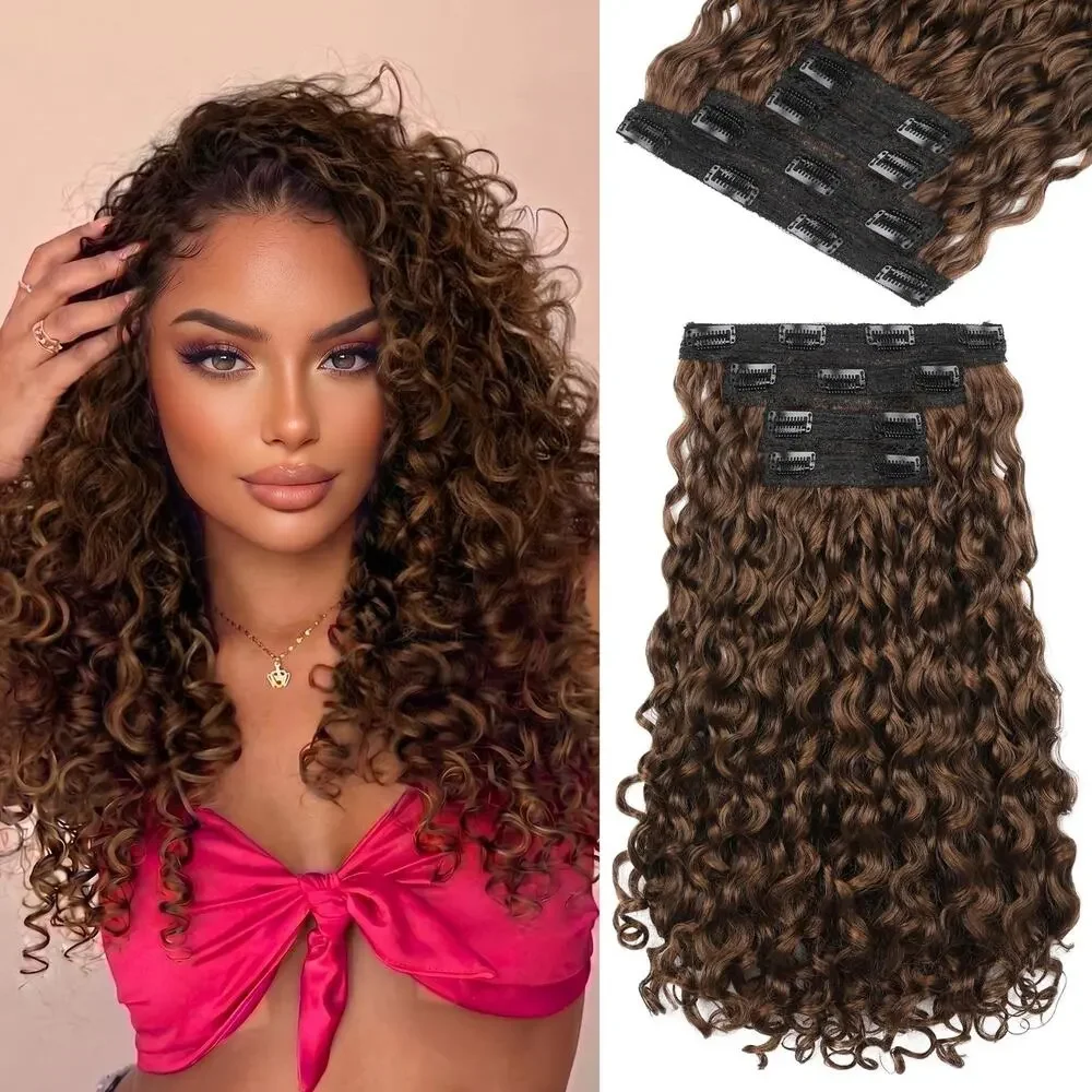Reecho Clip In Hair Extensions Curly Brown Full Head Synthetic Weft 14